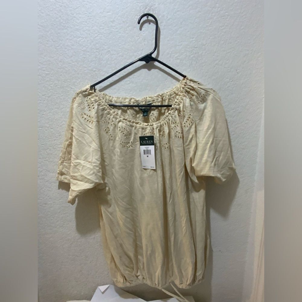 NWT Lauren Ralph Lauren M Top off shoulder eyelet drawstring bottom
